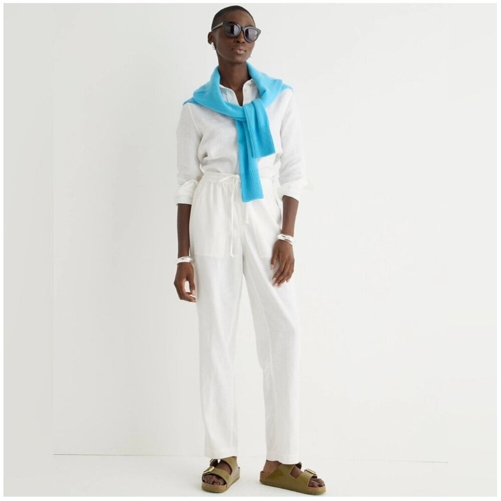 J. Crew Factory White Straight-Leg Pants with Blue Sweater Accent
